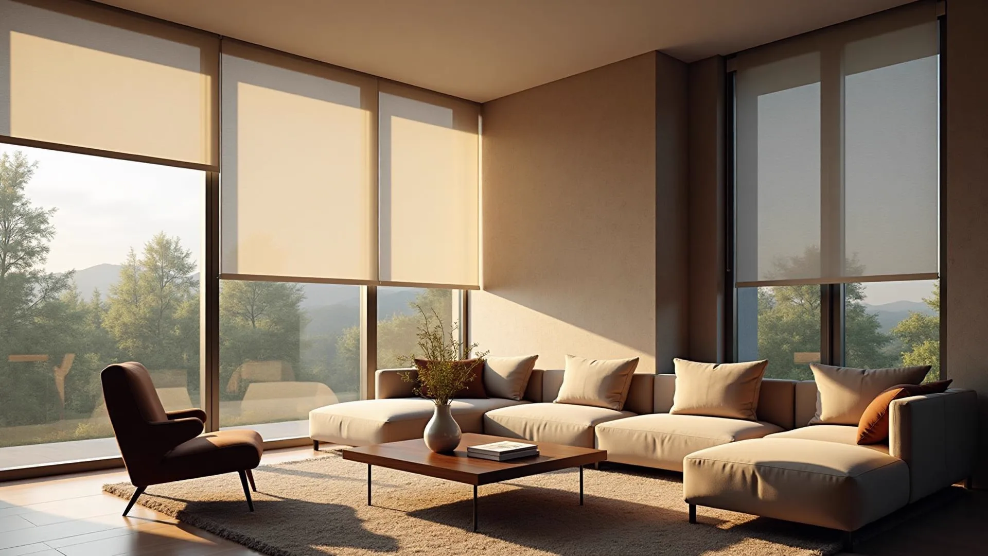 Cortinas roller a medida instaladas en living de casa en Puerto Montt