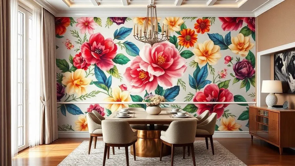 Papel mural con patrón floral en comedor de Puerto Varas