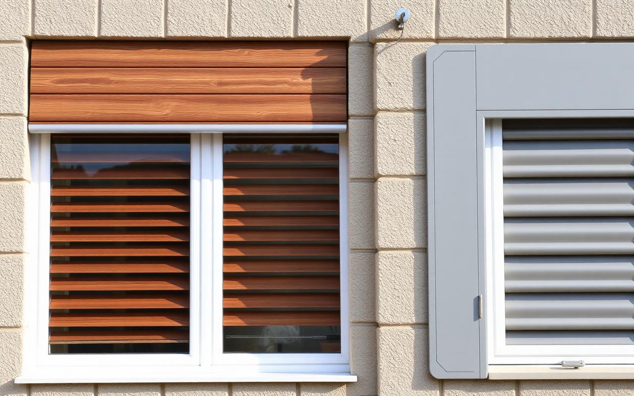 Persianas de exterior de aluminio color madera y gris instaladas en fachada